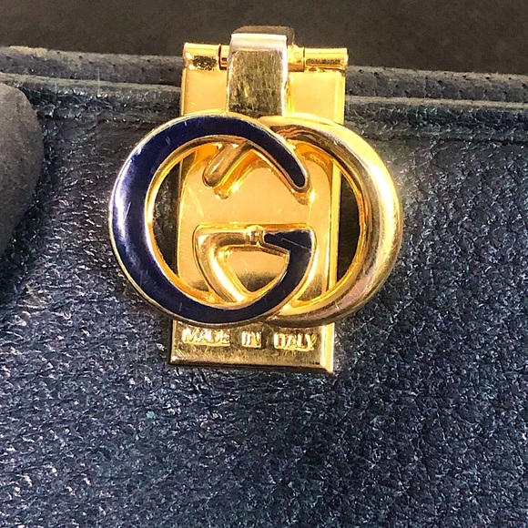 GUCCI GG Monogram Navy Blue Leather Coated Canvas Compact Bifold Wallet Vintage - Picture 12 of 17